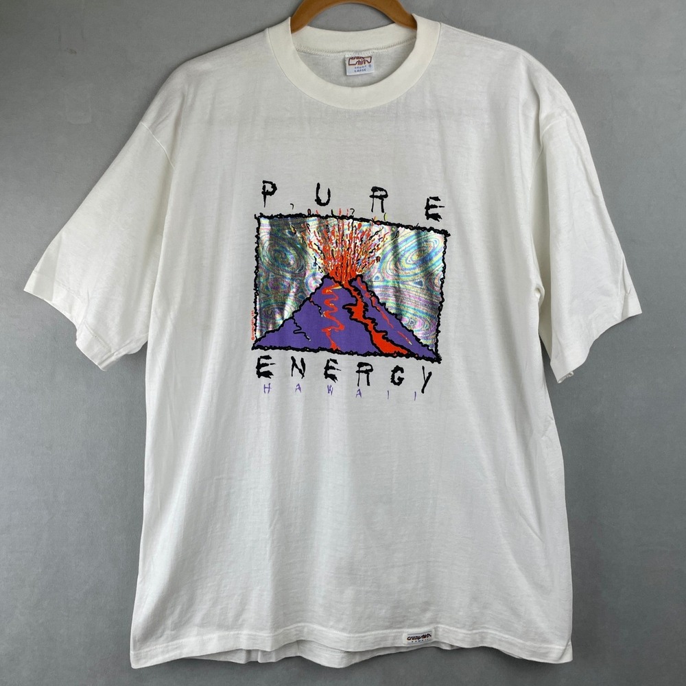VTG Crazy Shirts Hawaii Pure Energy Volcano Graphic T Shirt Men L White USA Made